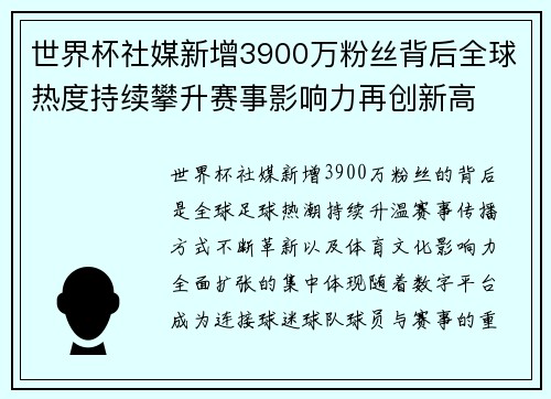 世界杯社媒新增3900万粉丝背后全球热度持续攀升赛事影响力再创新高